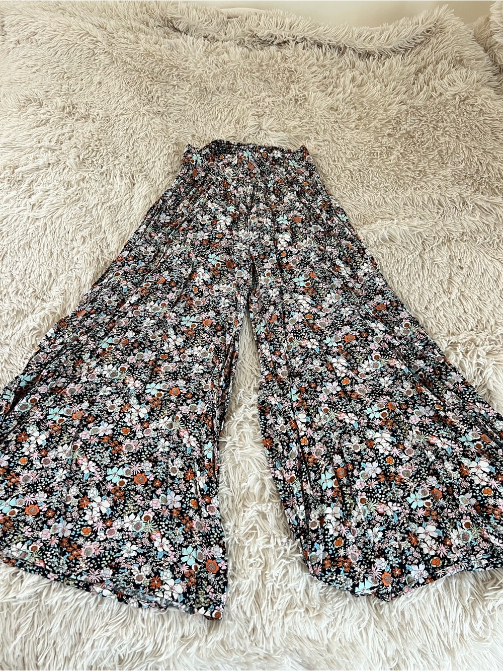 NATURAL LIFE Black Floral Wide-Leg Palazzo Pants with Mint & Pink Accents
